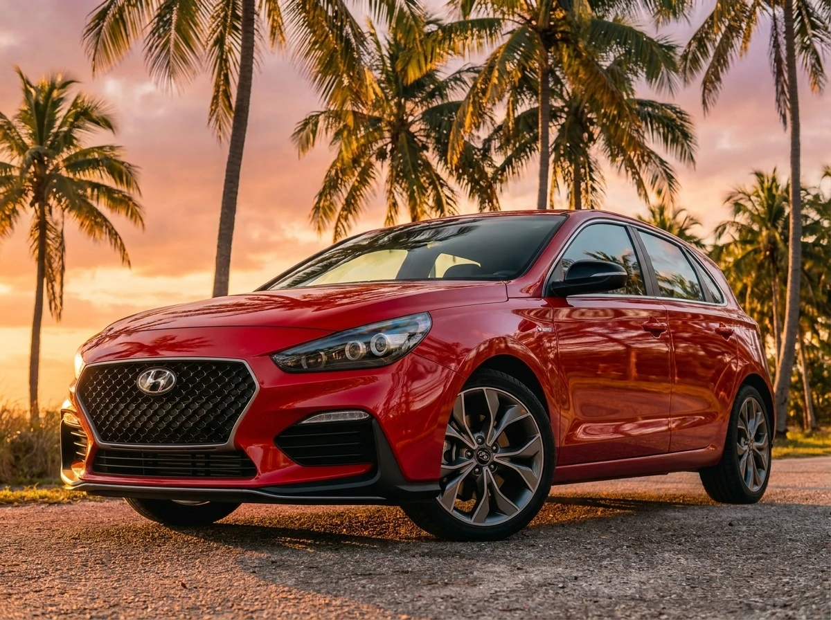 Voiture rouge garée sous les palmiers au coucher du soleil