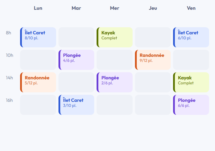 Planning hebdomadaire des réservations d'excursions