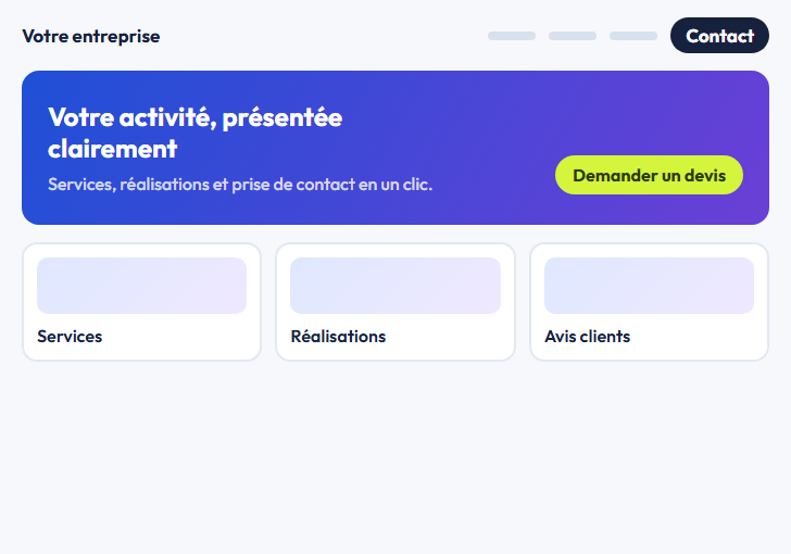 Aperçu d'un site web professionnel avec demande de devis